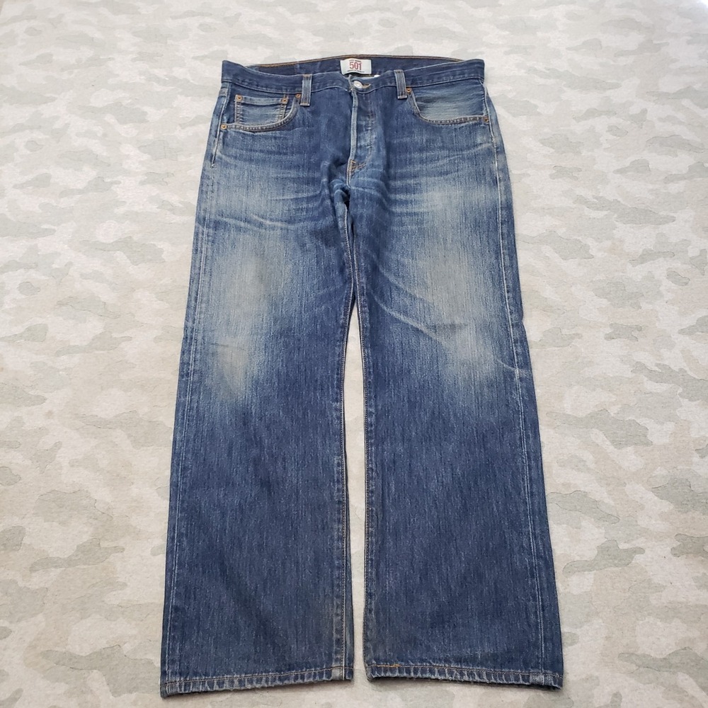 Levi's 501‎ Jeans Mens 36x26 Blue Straight Leg Button Fly Whisker Fade Denim